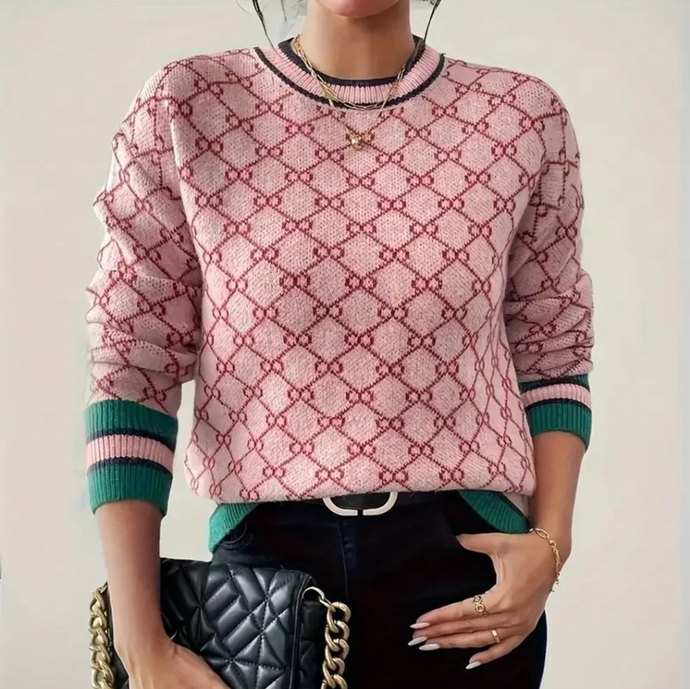 Pink Elegant Geometric Sweater for Women - Long Sleeve Pullover